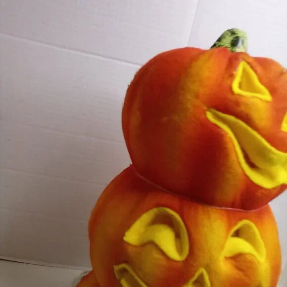Vintage 3 Tier Jack O Lantern Pumpkin Felt Covered Blow Mold Halloween 18" Works - Picture 6 of 13
